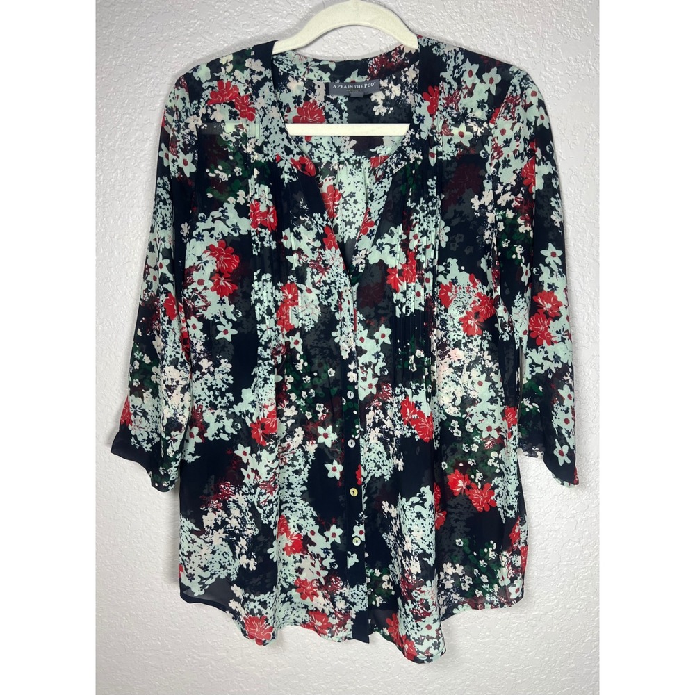 A Pea in the Pod Maternity Floral Blouse Navy Red Mint Green Button Front Small